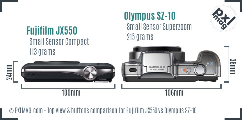 Fujifilm JX550 vs Olympus SZ-10 top view buttons comparison