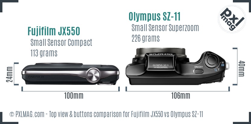 Fujifilm JX550 vs Olympus SZ-11 top view buttons comparison