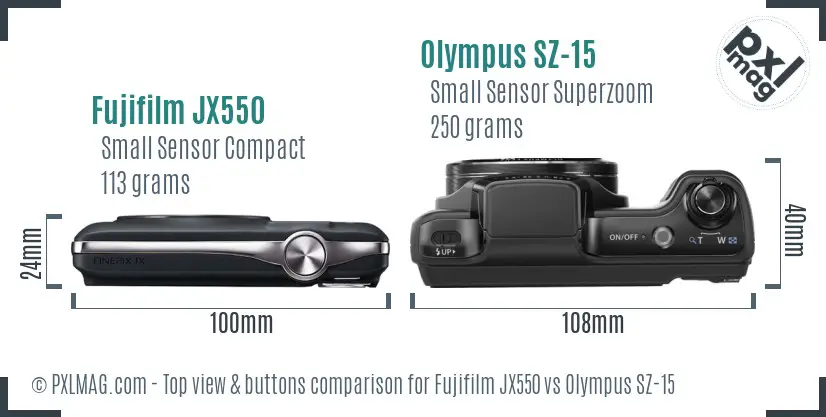 Fujifilm JX550 vs Olympus SZ-15 top view buttons comparison