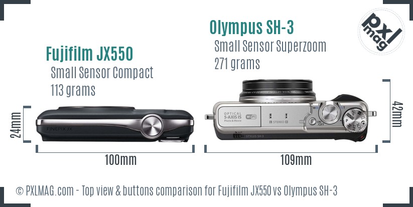 Fujifilm JX550 vs Olympus SH-3 top view buttons comparison