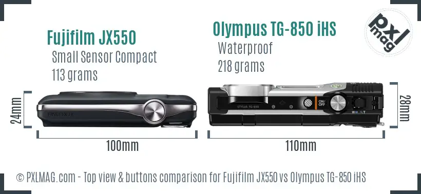 Fujifilm JX550 vs Olympus TG-850 iHS top view buttons comparison Fujifilm JX550 vs Olympus TG-850 iHS top view buttons comparison