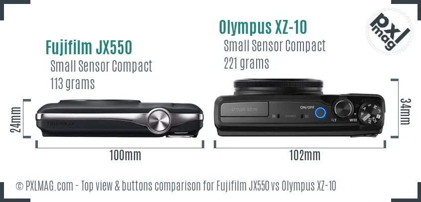 Fujifilm JX550 vs Olympus XZ-10 top view buttons comparison Fujifilm JX550 vs Olympus XZ-10 top view buttons comparison