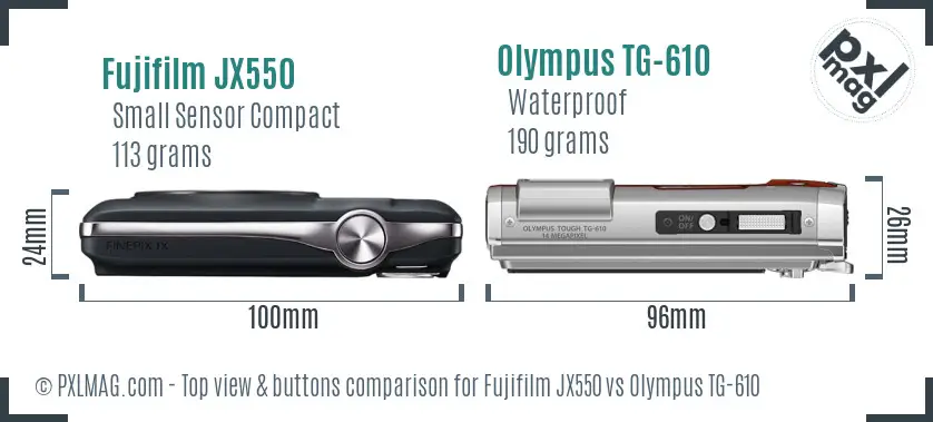 Fujifilm JX550 vs Olympus TG-610 top view buttons comparison Fujifilm JX550 vs Olympus TG-610 top view buttons comparison