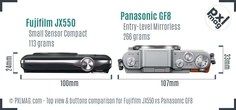 Fujifilm JX550 vs Panasonic GF8 top view buttons comparison