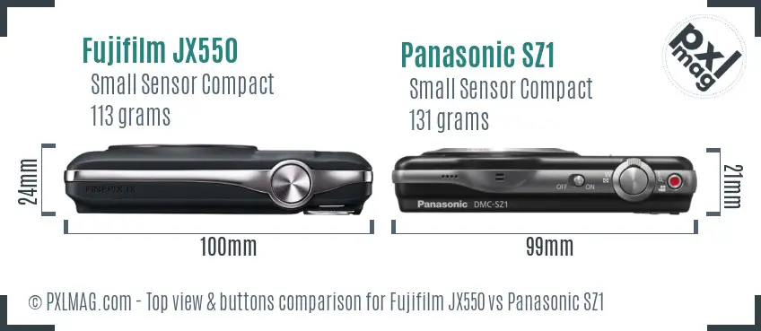 Fujifilm JX550 vs Panasonic SZ1 top view buttons comparison Fujifilm JX550 vs Panasonic SZ1 top view buttons comparison