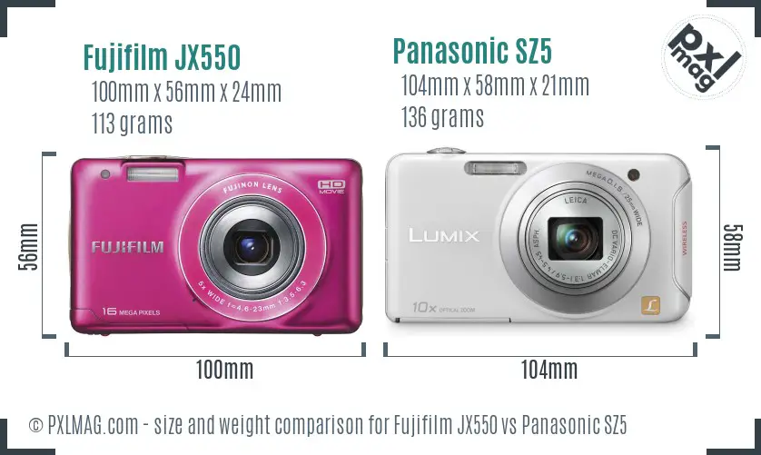 Fujifilm JX550 vs Panasonic SZ5 size comparison