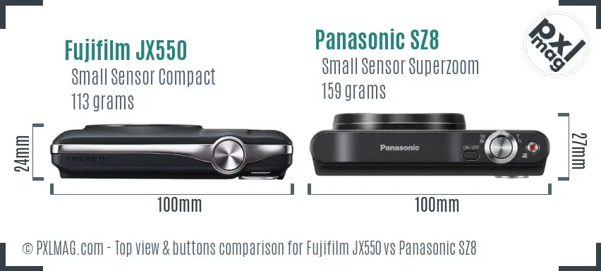 Fujifilm JX550 vs Panasonic SZ8 top view buttons comparison Fujifilm JX550 vs Panasonic SZ8 top view buttons comparison
