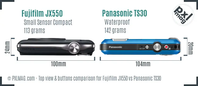 Fujifilm JX550 vs Panasonic TS30 top view buttons comparison Fujifilm JX550 vs Panasonic TS30 top view buttons comparison