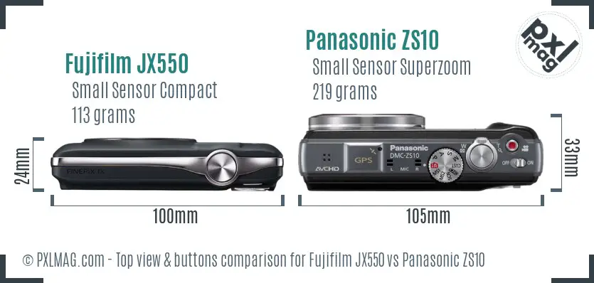 Fujifilm JX550 vs Panasonic ZS10 top view buttons comparison Fujifilm JX550 vs Panasonic ZS10 top view buttons comparison