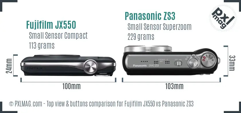Fujifilm JX550 vs Panasonic ZS3 top view buttons comparison Fujifilm JX550 vs Panasonic ZS3 top view buttons comparison