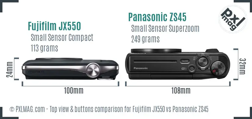 Fujifilm JX550 vs Panasonic ZS45 top view buttons comparison