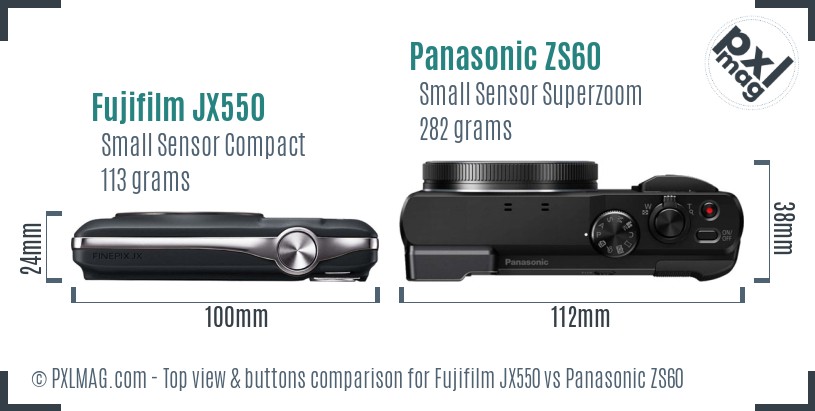 Fujifilm JX550 vs Panasonic ZS60 top view buttons comparison