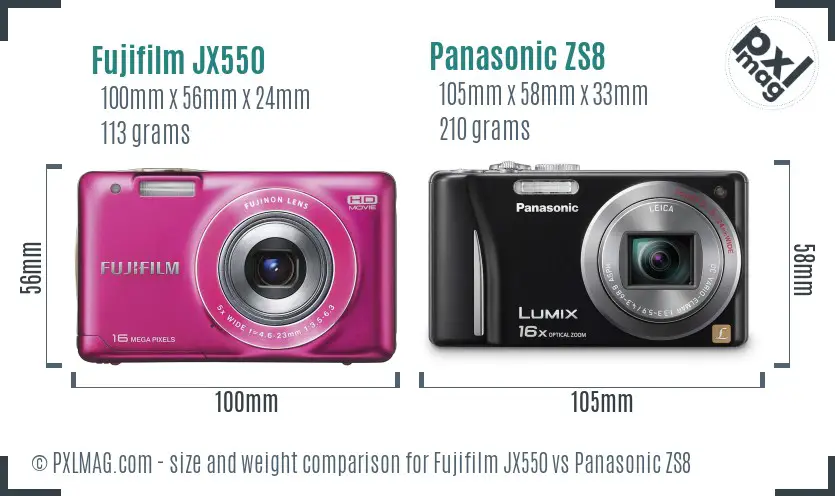 Fujifilm JX550 vs Panasonic ZS8 size comparison