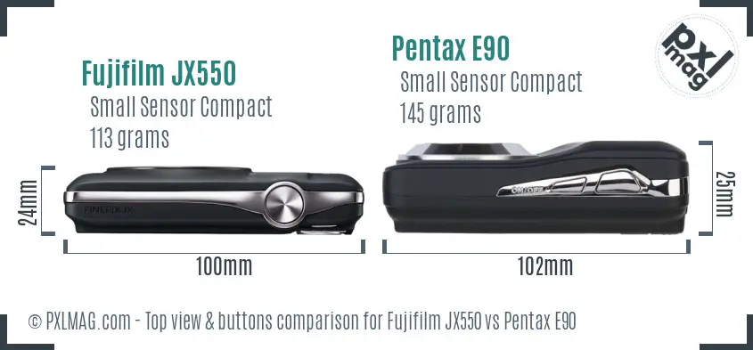 Fujifilm JX550 vs Pentax E90 top view buttons comparison