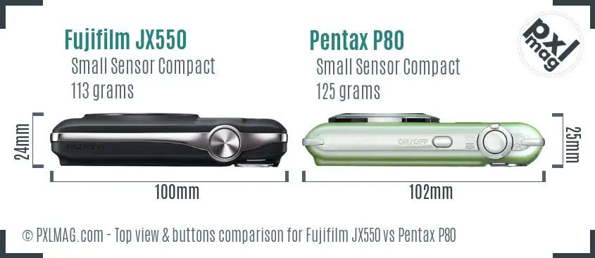 Fujifilm JX550 vs Pentax P80 top view buttons comparison Fujifilm JX550 vs Pentax P80 top view buttons comparison