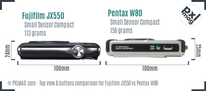 Fujifilm JX550 vs Pentax W80 top view buttons comparison