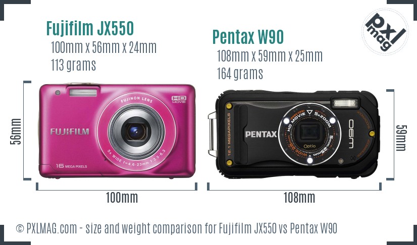 Fujifilm JX550 vs Pentax W90 size comparison