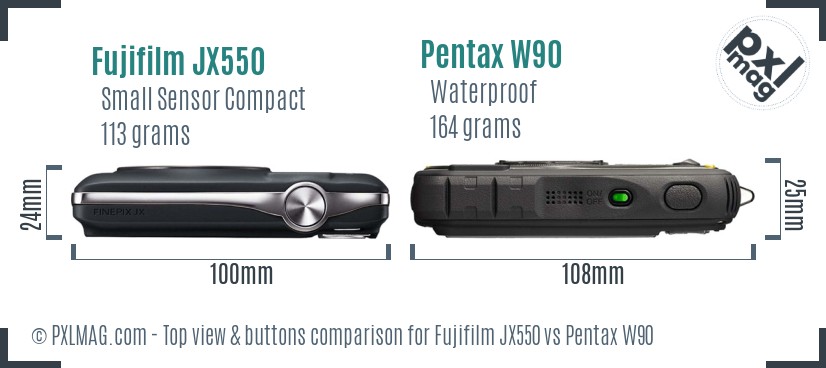 Fujifilm JX550 vs Pentax W90 top view buttons comparison
