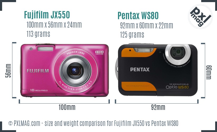 Fujifilm JX550 vs Pentax WS80 size comparison