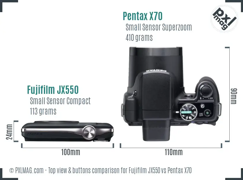 Fujifilm JX550 vs Pentax X70 top view buttons comparison