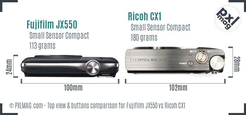 Fujifilm JX550 vs Ricoh CX1 top view buttons comparison