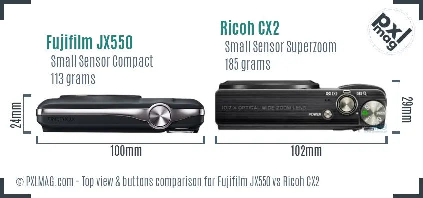 Fujifilm JX550 vs Ricoh CX2 top view buttons comparison