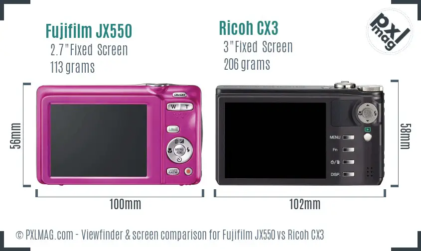 Fujifilm JX550 vs Ricoh CX3 Screen and Viewfinder comparison