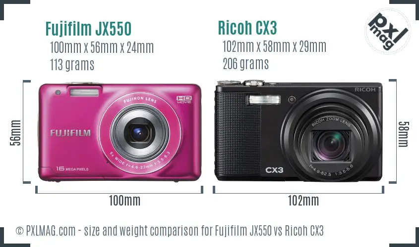 Fujifilm JX550 vs Ricoh CX3 size comparison