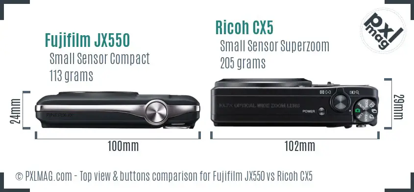 Fujifilm JX550 vs Ricoh CX5 top view buttons comparison
