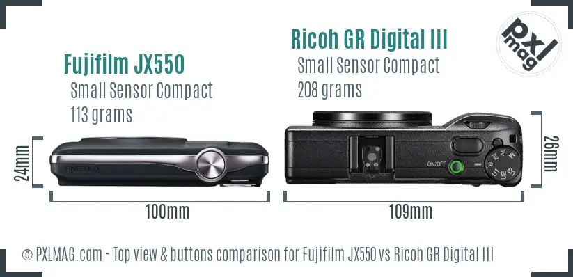 Fujifilm JX550 vs Ricoh GR Digital III top view buttons comparison