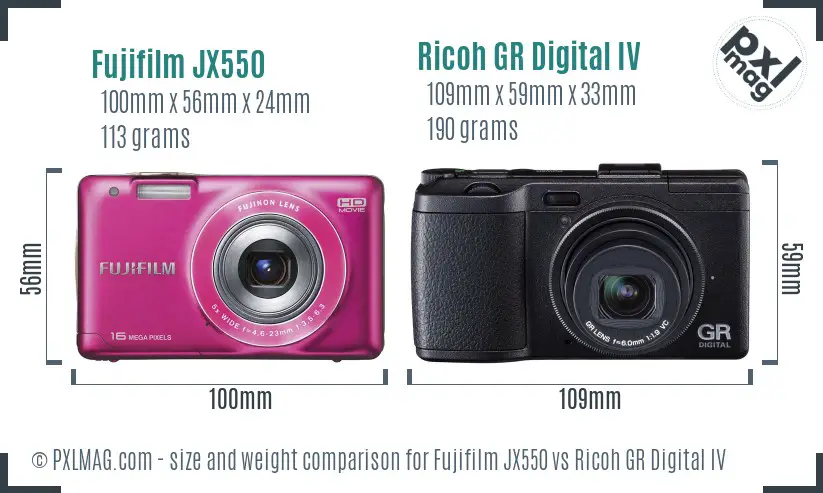 Fujifilm JX550 vs Ricoh GR Digital IV size comparison