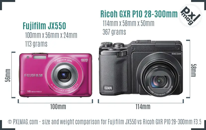 Fujifilm JX550 vs Ricoh GXR P10 28-300mm F3.5-5.6 VC size comparison