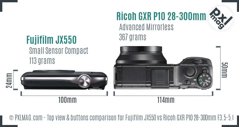 Fujifilm JX550 vs Ricoh GXR P10 28-300mm F3.5-5.6 VC top view buttons comparison