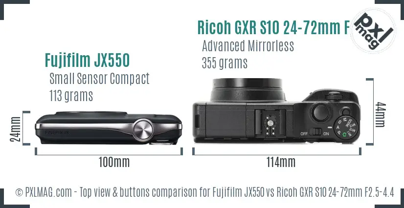 Fujifilm JX550 vs Ricoh GXR S10 24-72mm F2.5-4.4 VC top view buttons comparison Fujifilm JX550 vs Ricoh GXR S10 24-72mm F2.5-4.4 VC top view buttons comparison