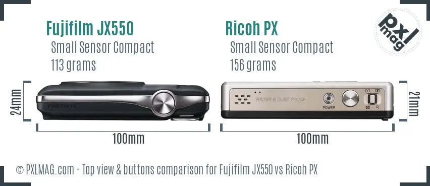 Fujifilm JX550 vs Ricoh PX top view buttons comparison Fujifilm JX550 vs Ricoh PX top view buttons comparison