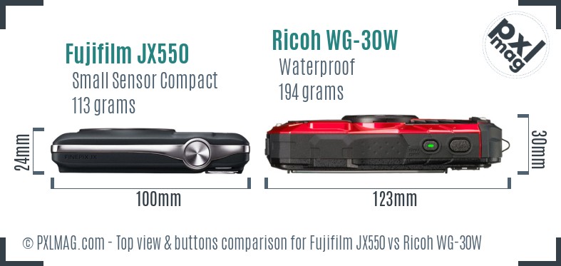 Fujifilm JX550 vs Ricoh WG-30W top view buttons comparison