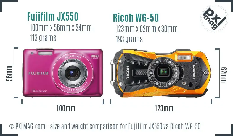 Fujifilm JX550 vs Ricoh WG-50 size comparison
