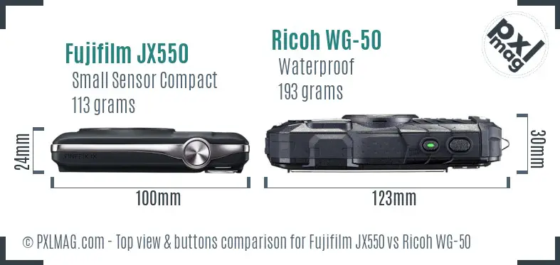 Fujifilm JX550 vs Ricoh WG-50 top view buttons comparison