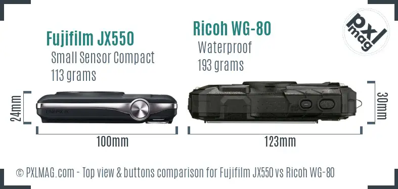 Fujifilm JX550 vs Ricoh WG-80 top view buttons comparison