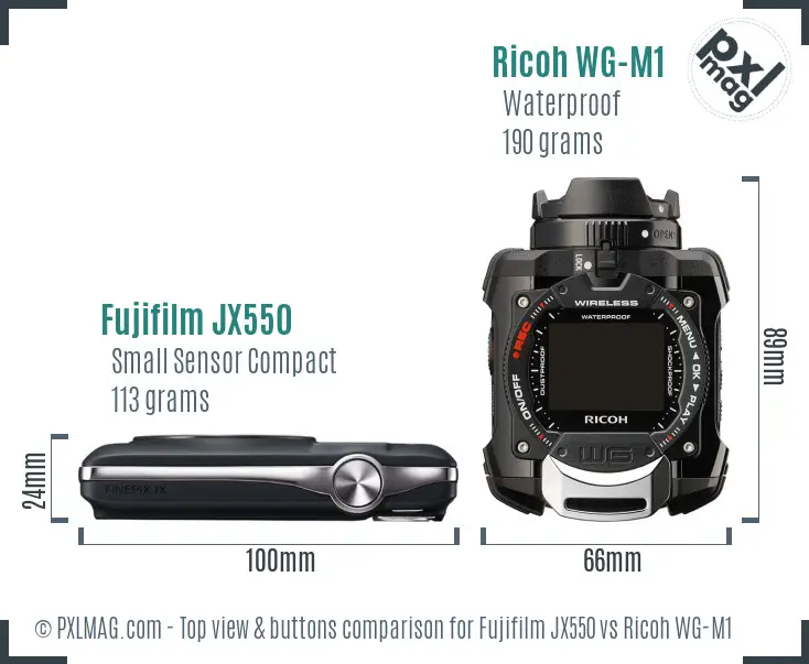 Fujifilm JX550 vs Ricoh WG-M1 top view buttons comparison