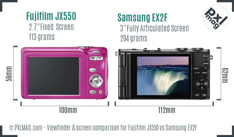 Fujifilm JX550 vs Samsung EX2F Screen and Viewfinder comparison