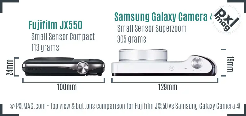 Fujifilm JX550 vs Samsung Galaxy Camera 4G top view buttons comparison Fujifilm JX550 vs Samsung Galaxy Camera 4G top view buttons comparison