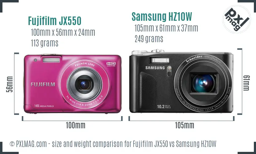 Fujifilm JX550 vs Samsung HZ10W size comparison