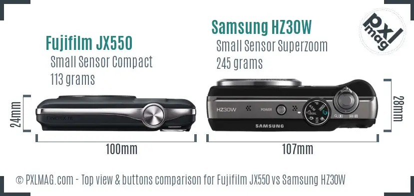 Fujifilm JX550 vs Samsung HZ30W top view buttons comparison