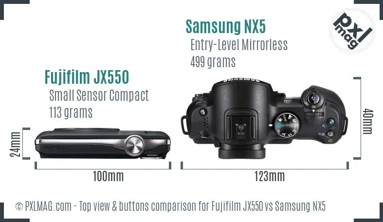 Fujifilm JX550 vs Samsung NX5 top view buttons comparison