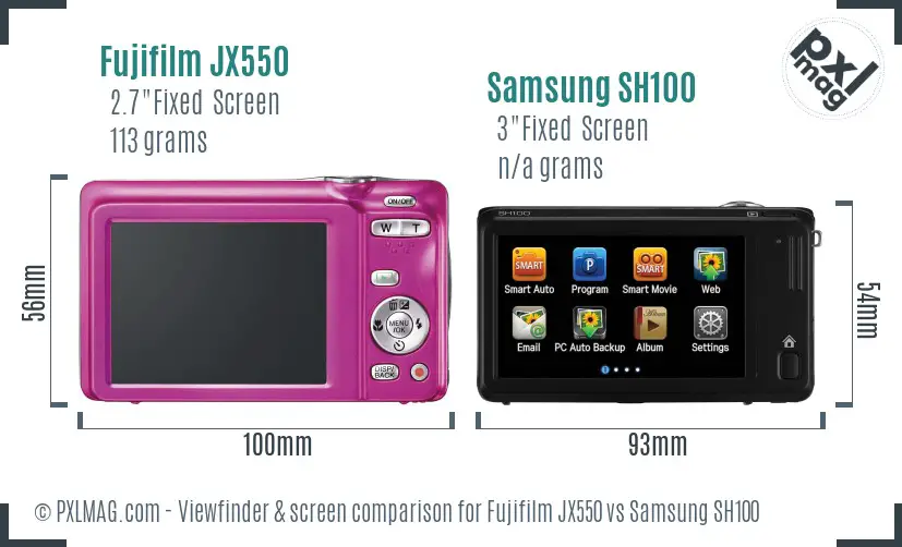 Fujifilm JX550 vs Samsung SH100 Screen and Viewfinder comparison