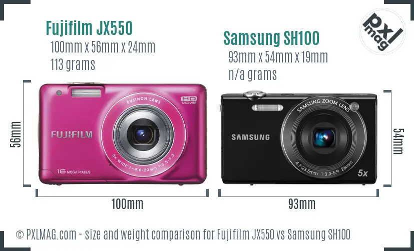 Fujifilm JX550 vs Samsung SH100 size comparison