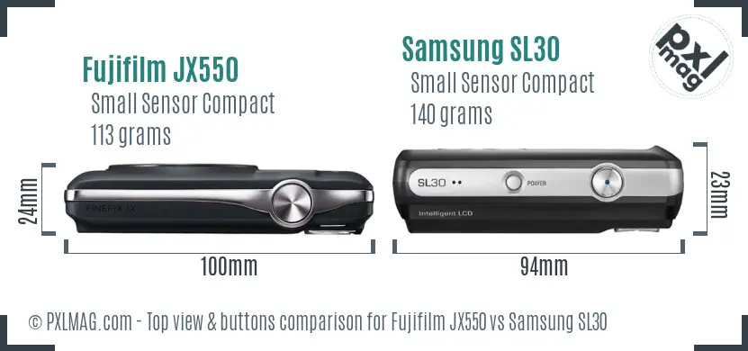 Fujifilm JX550 vs Samsung SL30 top view buttons comparison Fujifilm JX550 vs Samsung SL30 top view buttons comparison