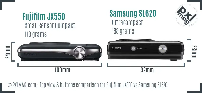 Fujifilm JX550 vs Samsung SL620 top view buttons comparison Fujifilm JX550 vs Samsung SL620 top view buttons comparison