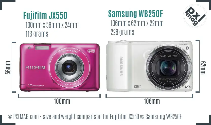 Fujifilm JX550 vs Samsung WB250F size comparison